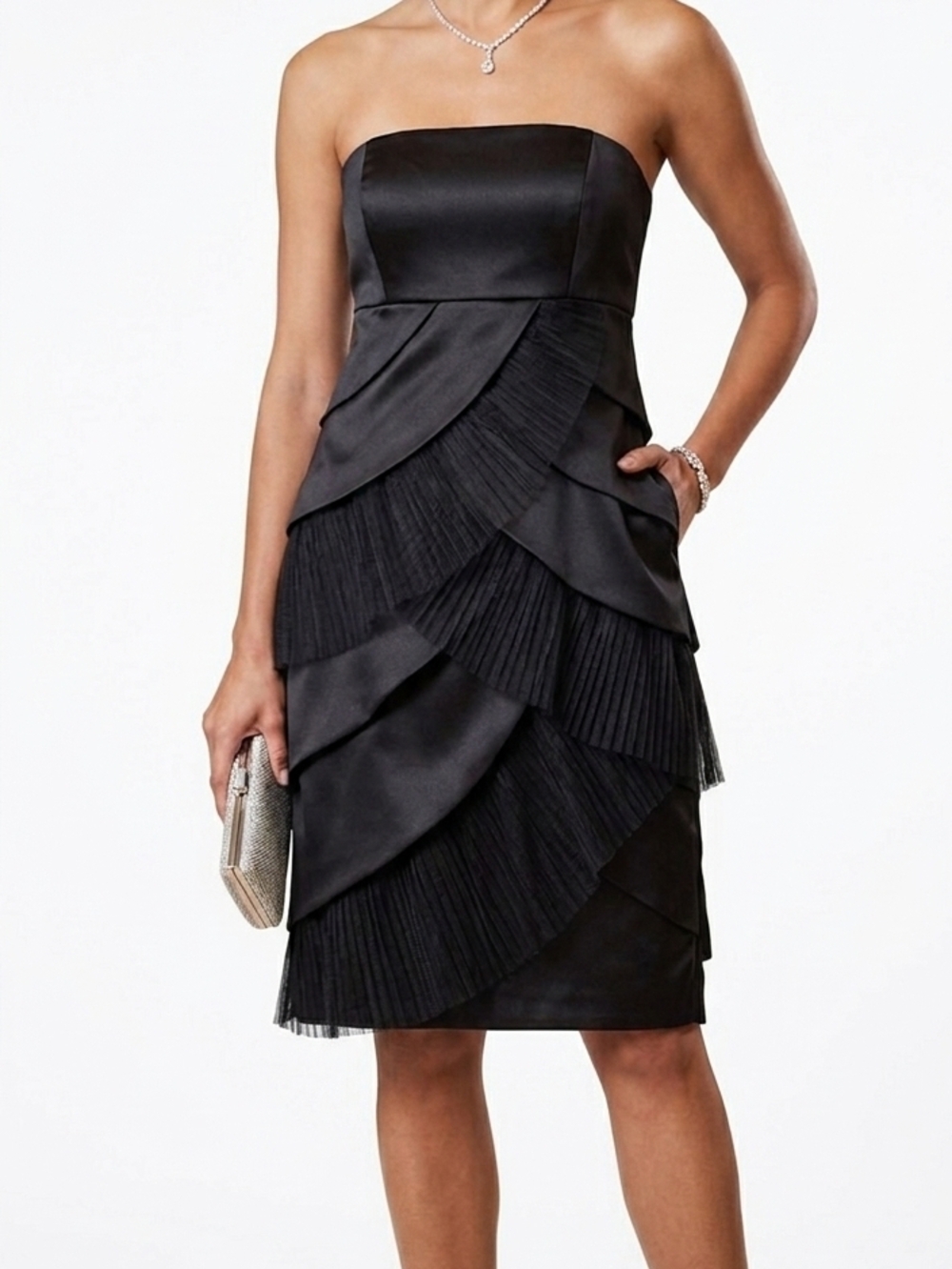 RW&CO. Timeless Black Strapless Tiered Pleated Satin Cocktail Dress Women Size 8